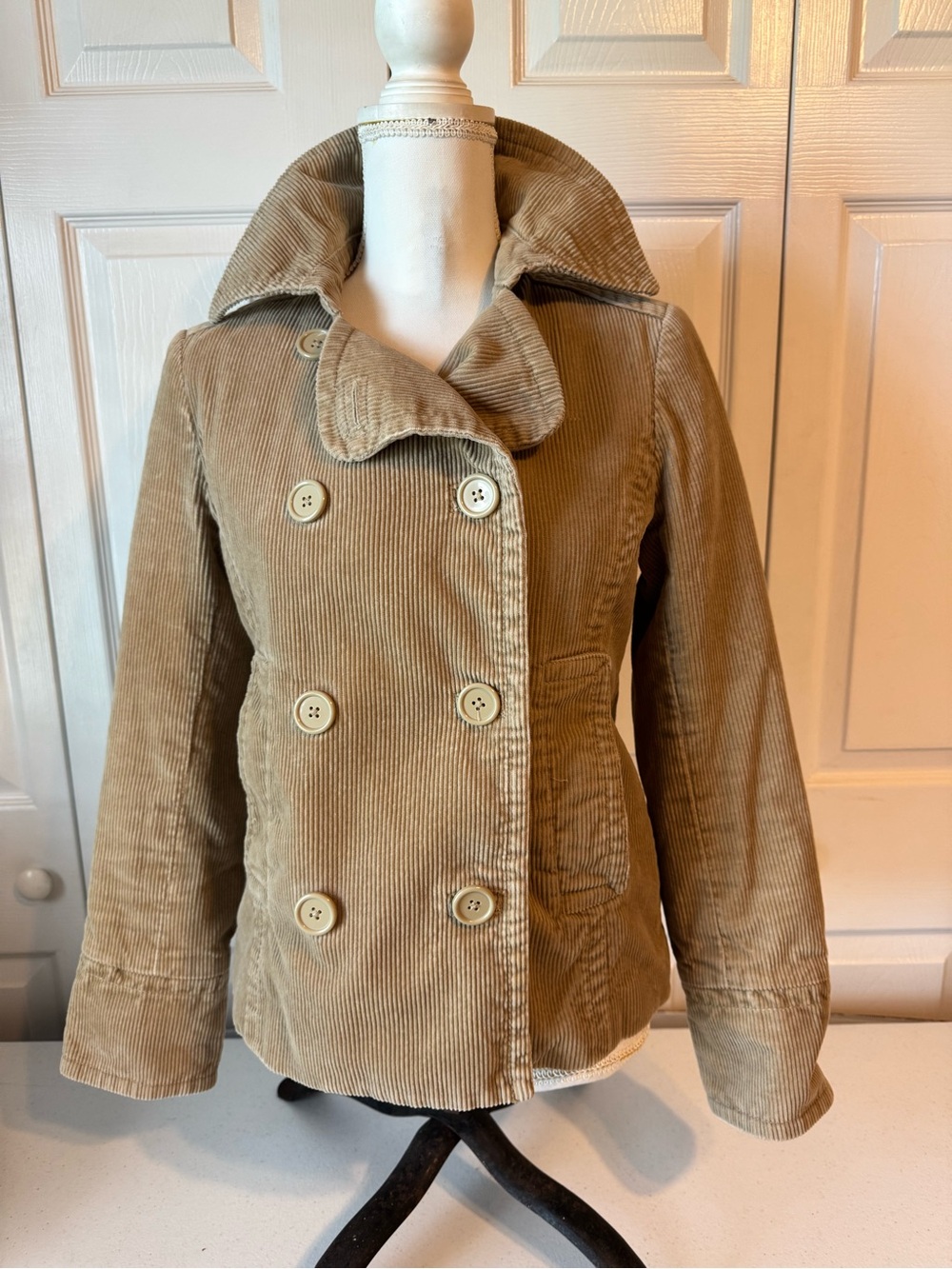 GAP Double-Breasted Corduroy Pea Coat in Tan small vintage Y2K